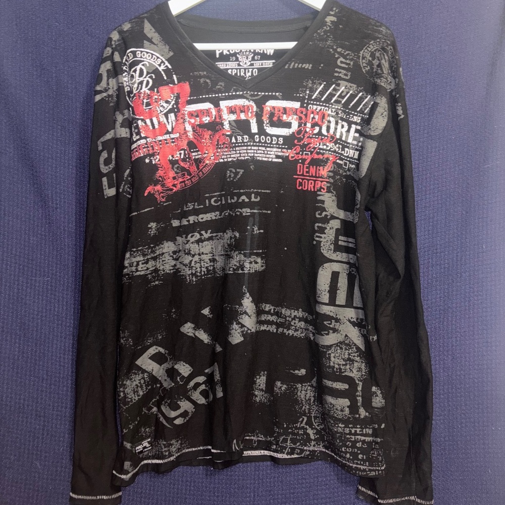 baggy affliction style long sleeve with all over print y2k semetary grunge